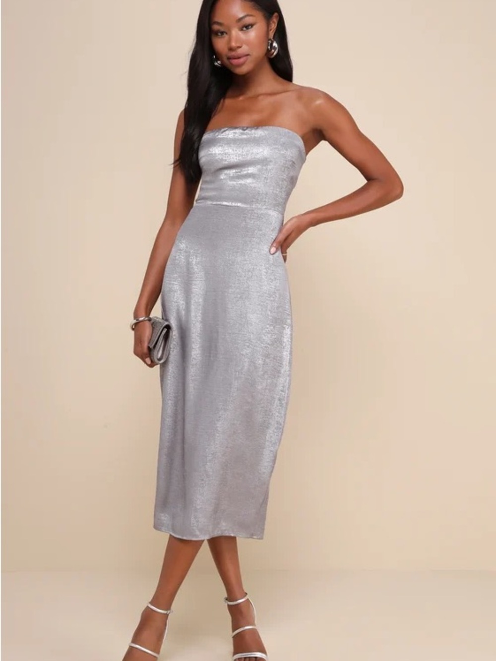 Lulu's Metallic Silver Strapless Midi Dress